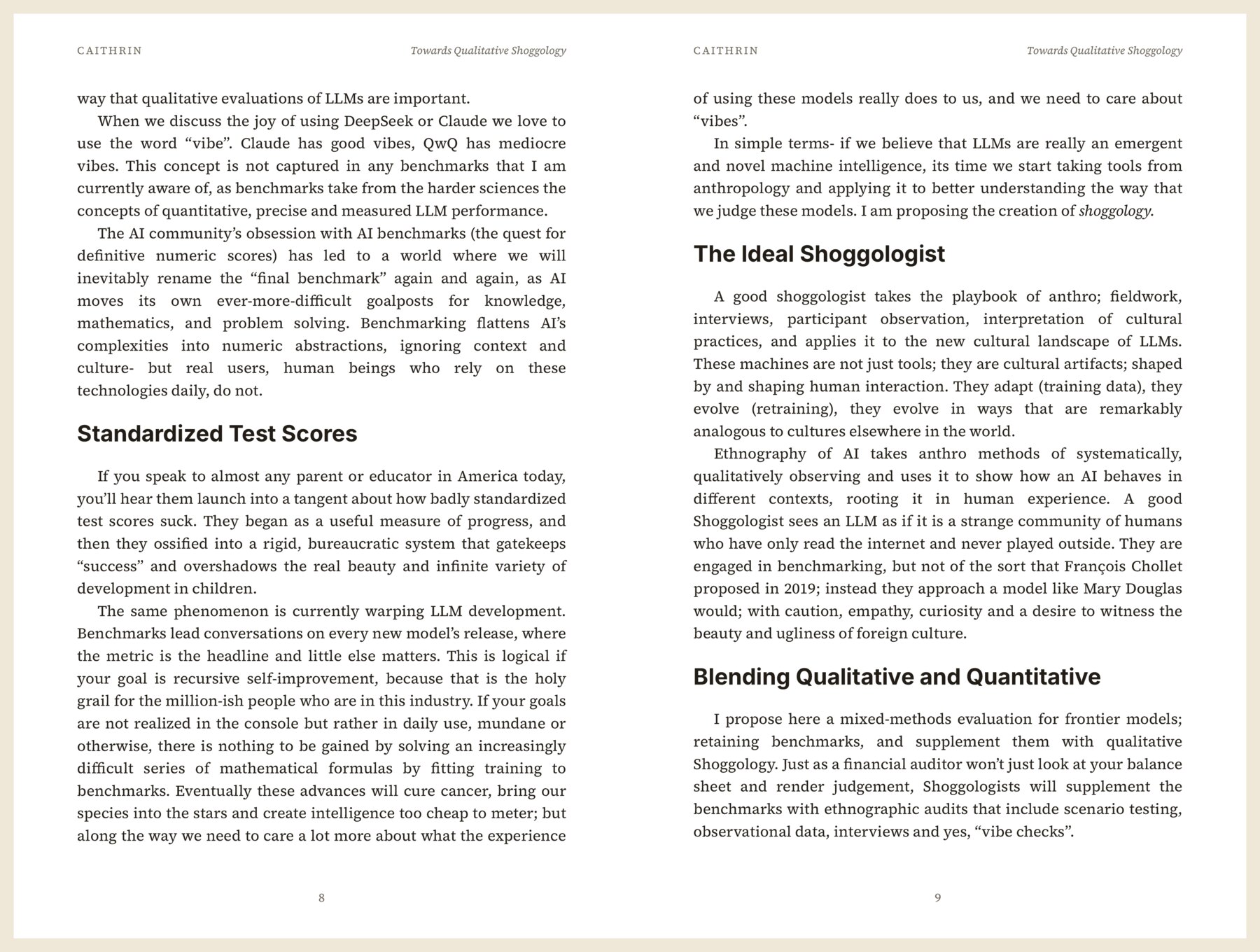 Two essay pages from the real caithrin print file, with running headers, generous margins and article notes